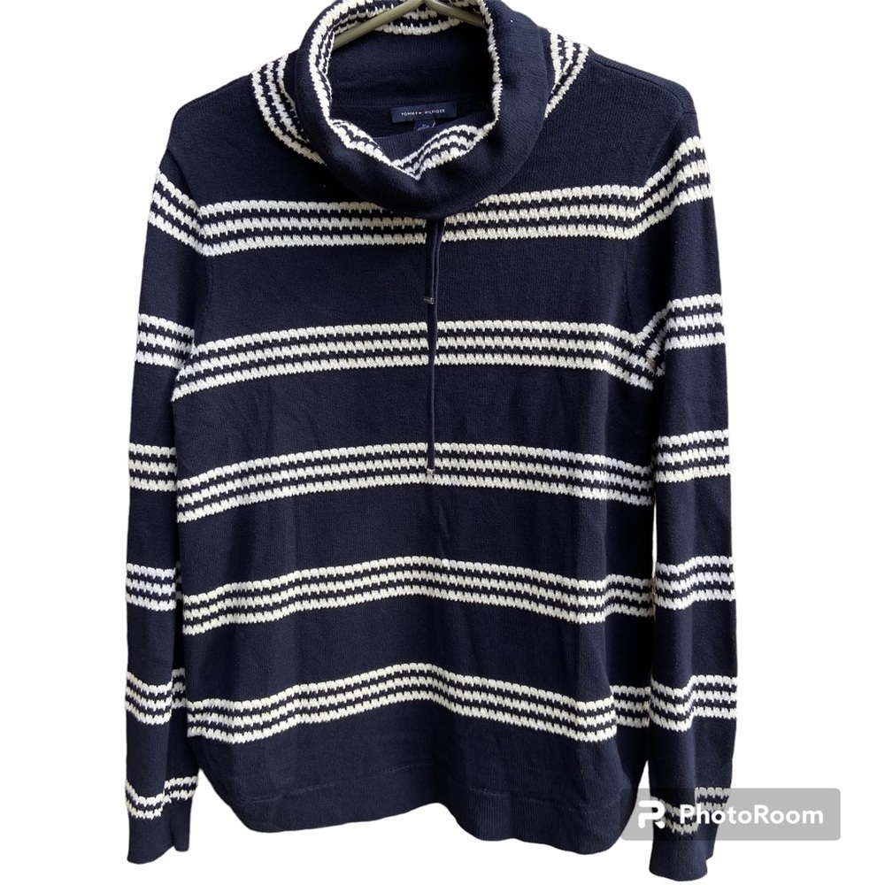 Tommy Hilfiger Navy and White Striped Sweater Like New Size Medium